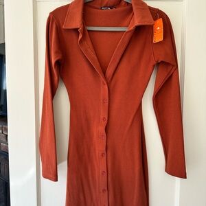 Nasty Gal Terracotta Ribbed Button-Front Long Sleeve Dress